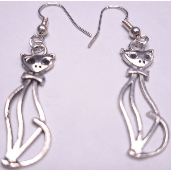 Hollow Sophisticat Tall Cat Earrings Ear Rings Silvertone Kitty Kitten Sitting - Picture 4 of 4